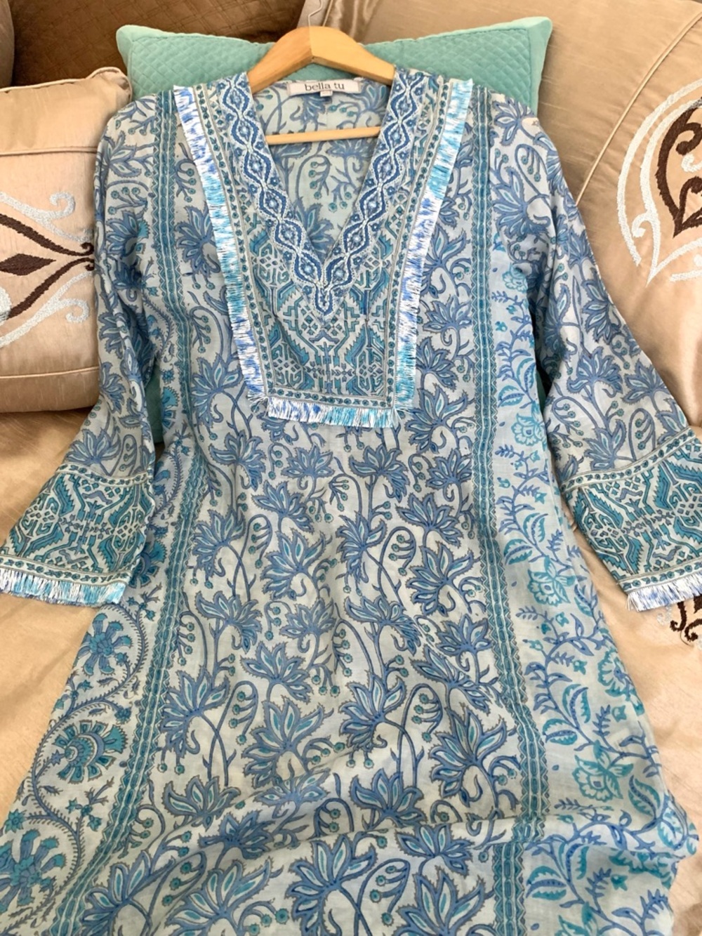 Bella Tu Moroccan Blue White Embroidered Long Sleeve Maxi Dress Cover Up